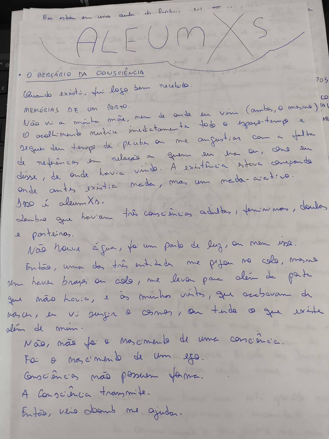 Folha escrita à mão com o texto do berçário
